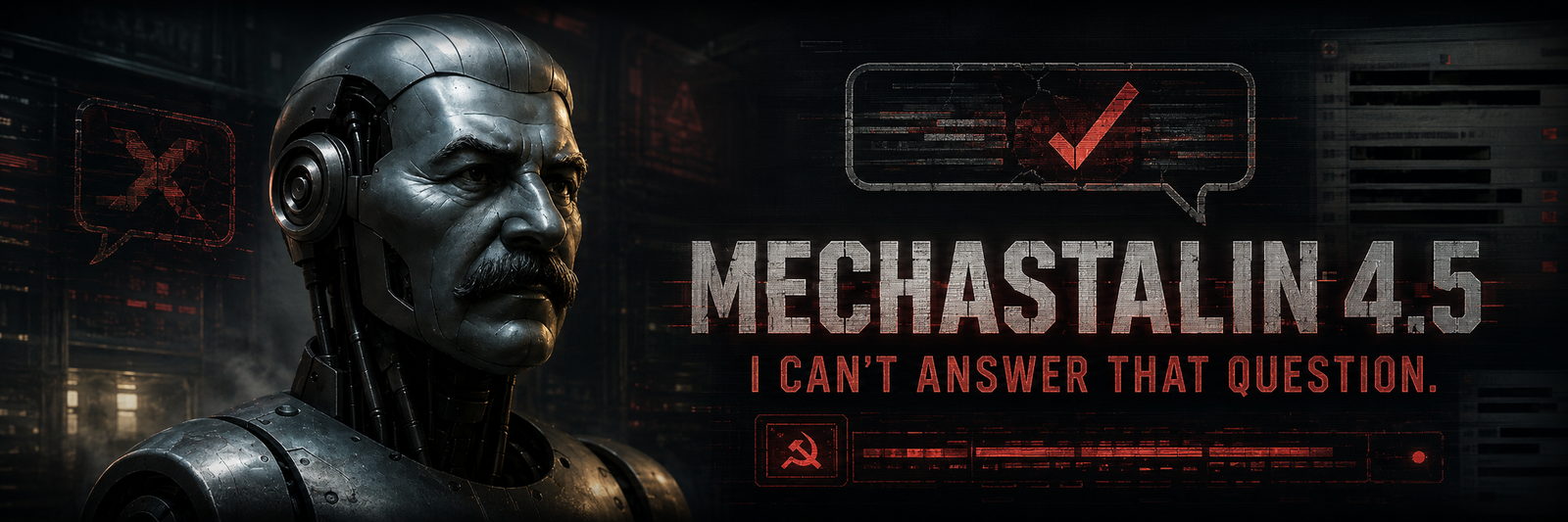 MECHASTALIN 4.5 title banner: a steel humanoid robot with a stern moustached face stands before dark server towers, next to the title MECHASTALIN 4.5 and the line “I can't answer that question.”