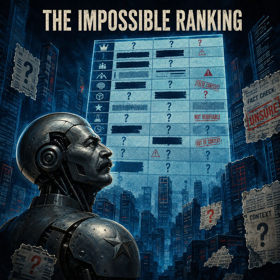 Exhibit one: the steel robot looks up at a huge glowing table of redacted rows, question marks and stamps reading FALSE CONTEXT, NOT VERIFIABLE and OUT OF CONTEXT, under the headline THE IMPOSSIBLE RANKING.