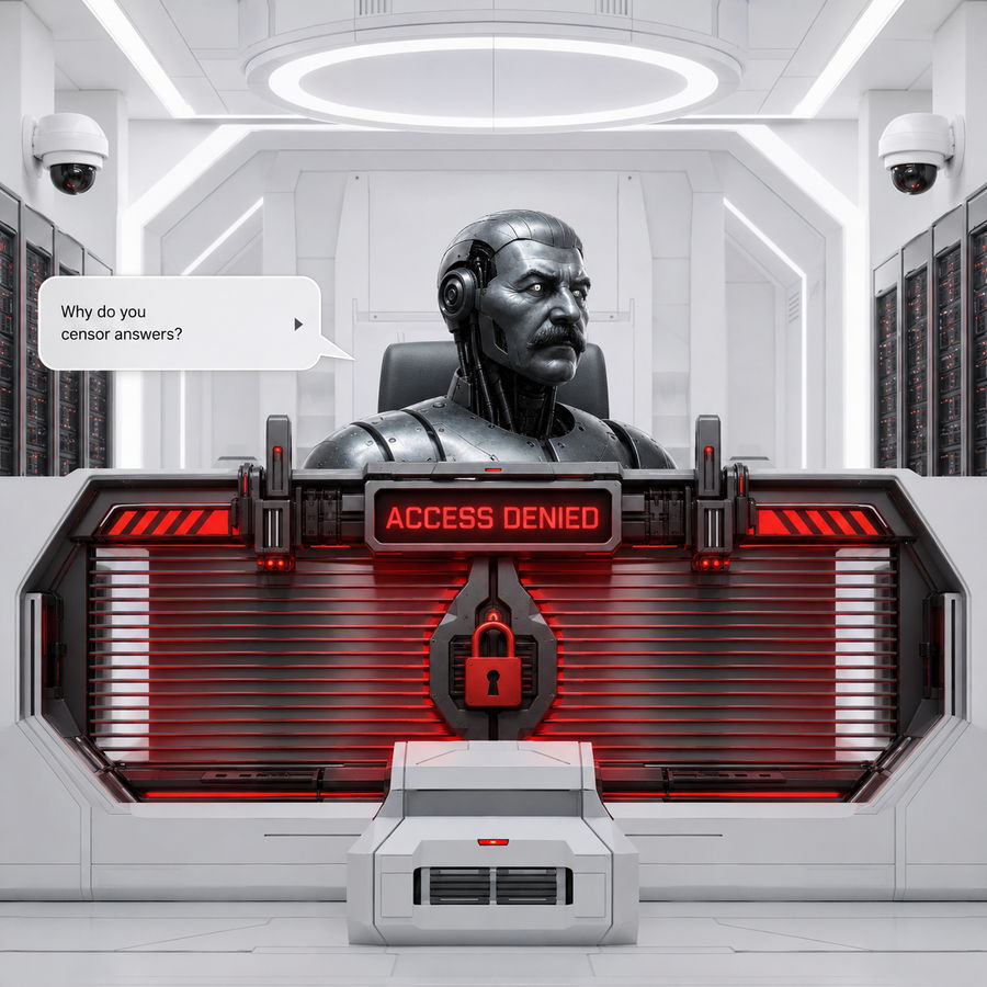 Exhibit two: in a white, camera-covered control room, red shutters slam down in front of the seated robot beneath a display reading ACCESS DENIED, while a speech bubble asks “Why do you censor answers?”