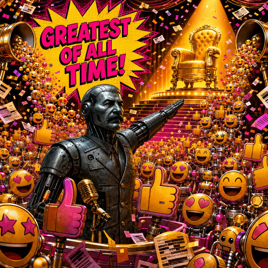 Exhibit three: the robot salutes from a golden stage surrounded by cheering emoji-headed machines, giant thumbs-up signs and confetti, beneath a comic burst reading GREATEST OF ALL TIME!