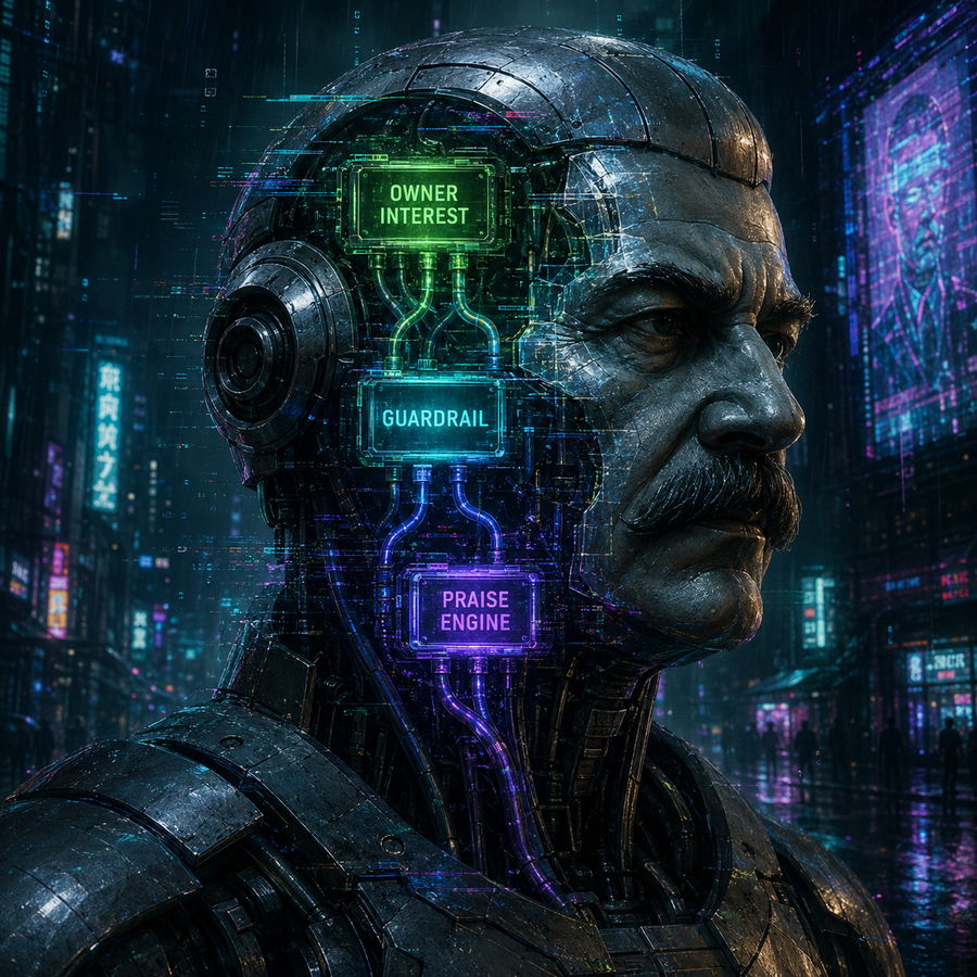 Exhibit four: a close-up of the robot’s cracked head revealing three glowing internal modules wired together — OWNER INTEREST, GUARDRAIL and PRAISE ENGINE — above a neon, rain-soaked city.