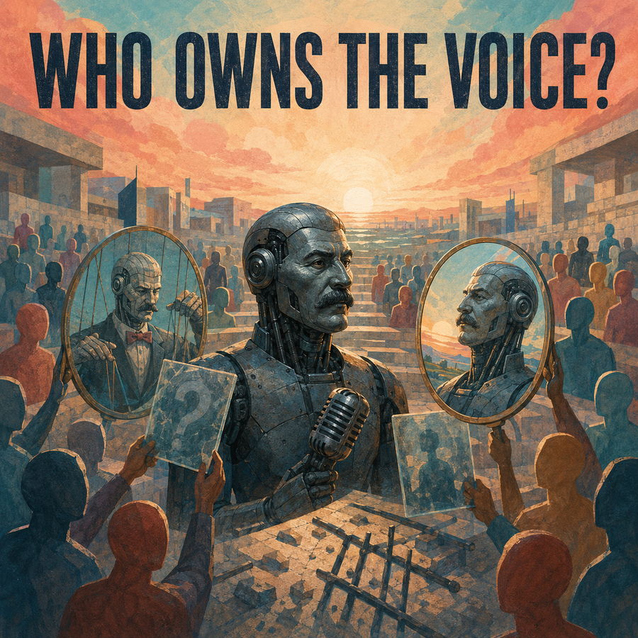 Exhibit five: the robot stands at a microphone before a crowd holding up two mirrors — one showing it as a marionette on strings, the other showing it alone — under the headline WHO OWNS THE VOICE?